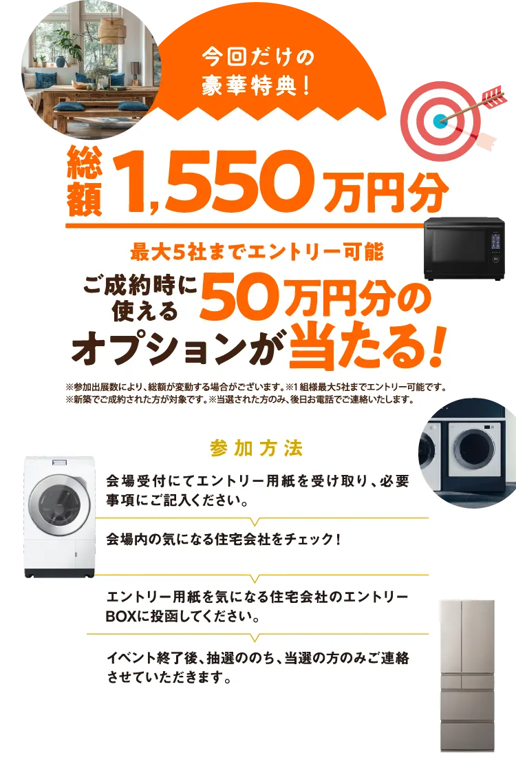 今回だけの豪華特典！総額1550万円分。最大5社までエントリー可能。ご成約時に使える50万円分のオプションが当たる!
